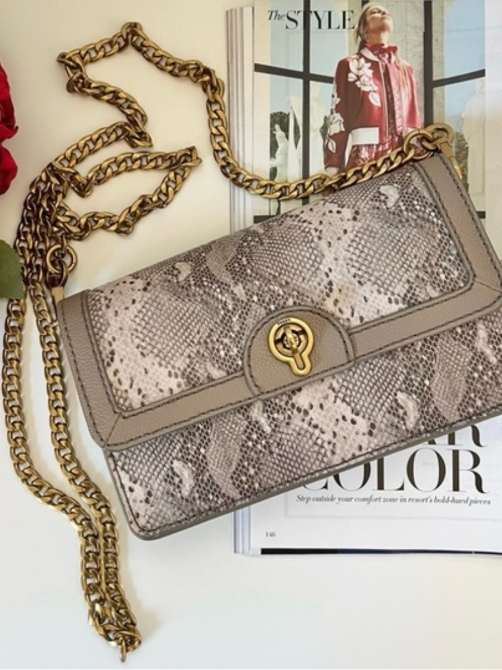 NWT Authentic Fossil Ainsley Snake-Print Clutch/Wallet w Detachable Chain